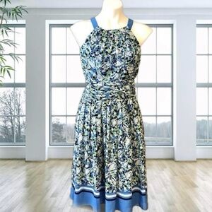 Evan Picone Petites Blue Halter Neck Floral Fit and Flare Dress Size 2P